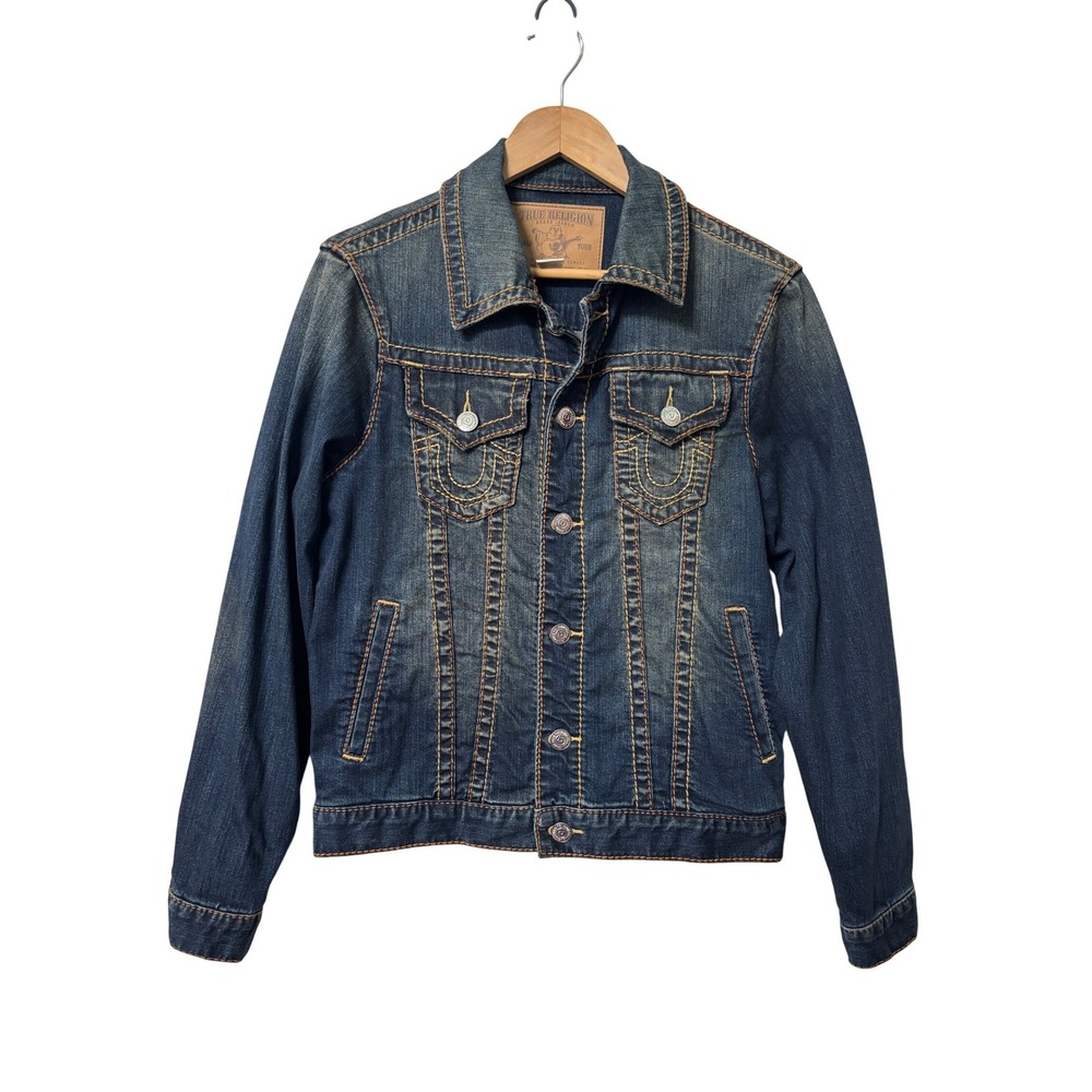 True Religion Big T Trucker Jacket Womens Small Dark Wash Denim Blue FOAD3223300